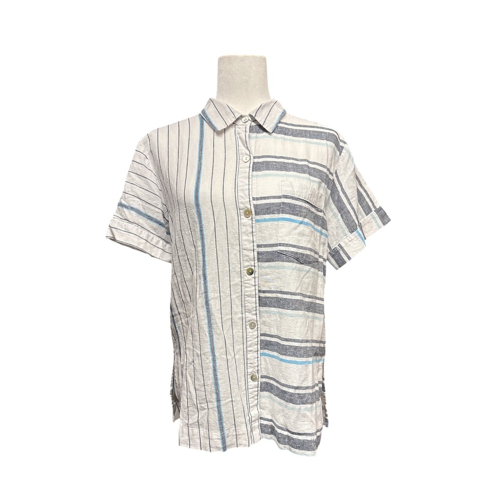 Tribal Postcard Blue White Striped Linen Cotton Blend Button Down Blouse NWT